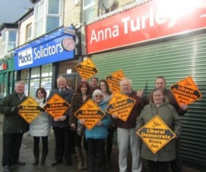 Lib Dem councillors and local residents outside Labour PPC Anna Turley’s closed office today.